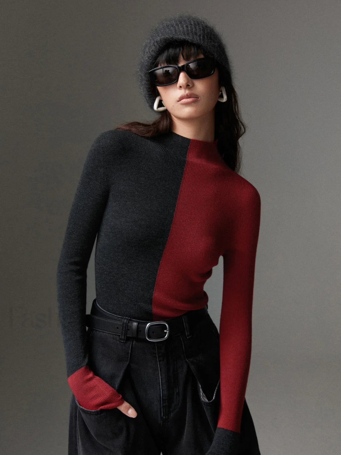 Wool Blend Two Tone Skinny Knit Top Burgundy / XS Knit Tops