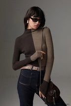Wool Blend Two Tone Skinny Knit Top Dark Brown / XS Knit Tops