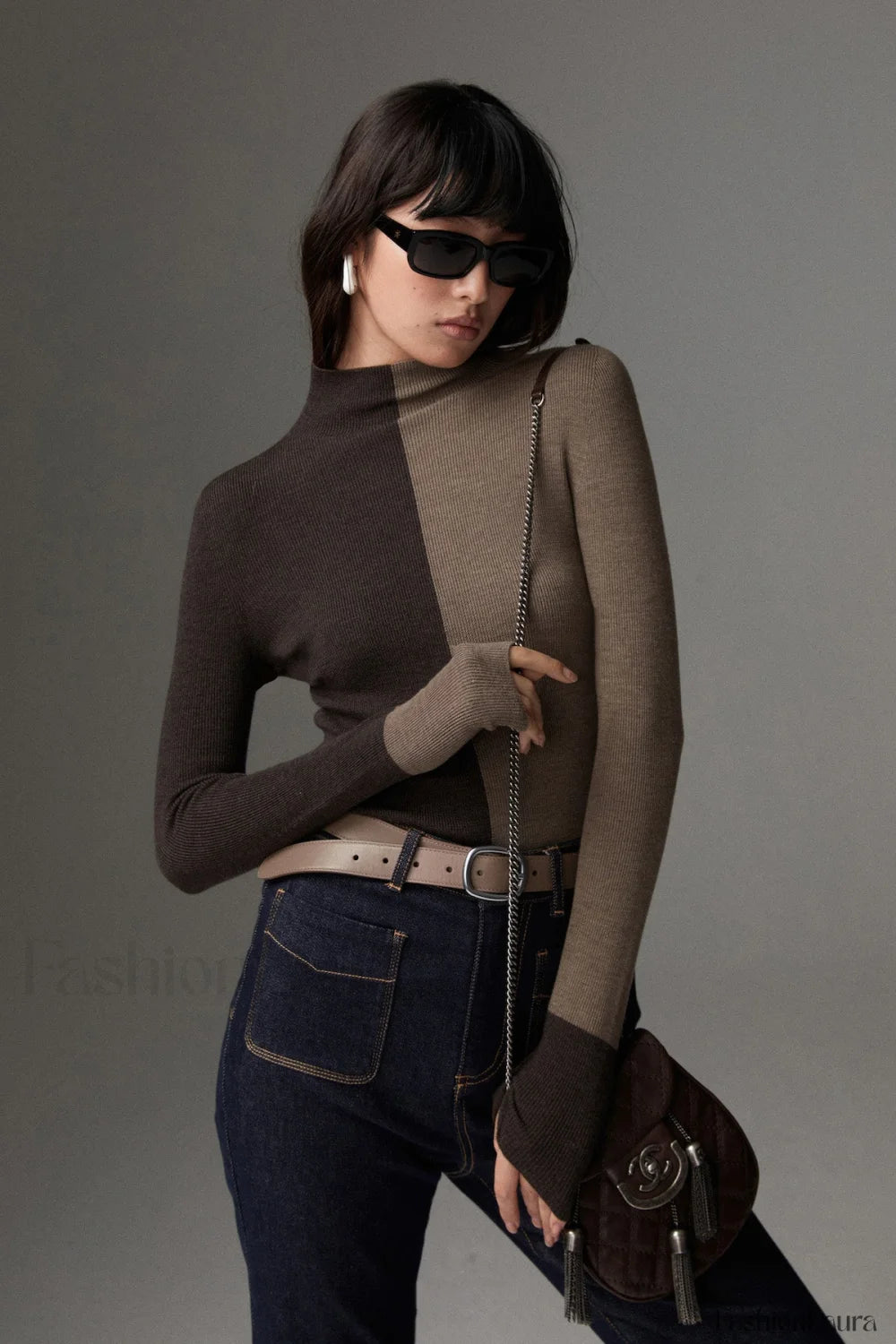 Wool Blend Two Tone Skinny Knit Top Dark Brown / XS Knit Tops