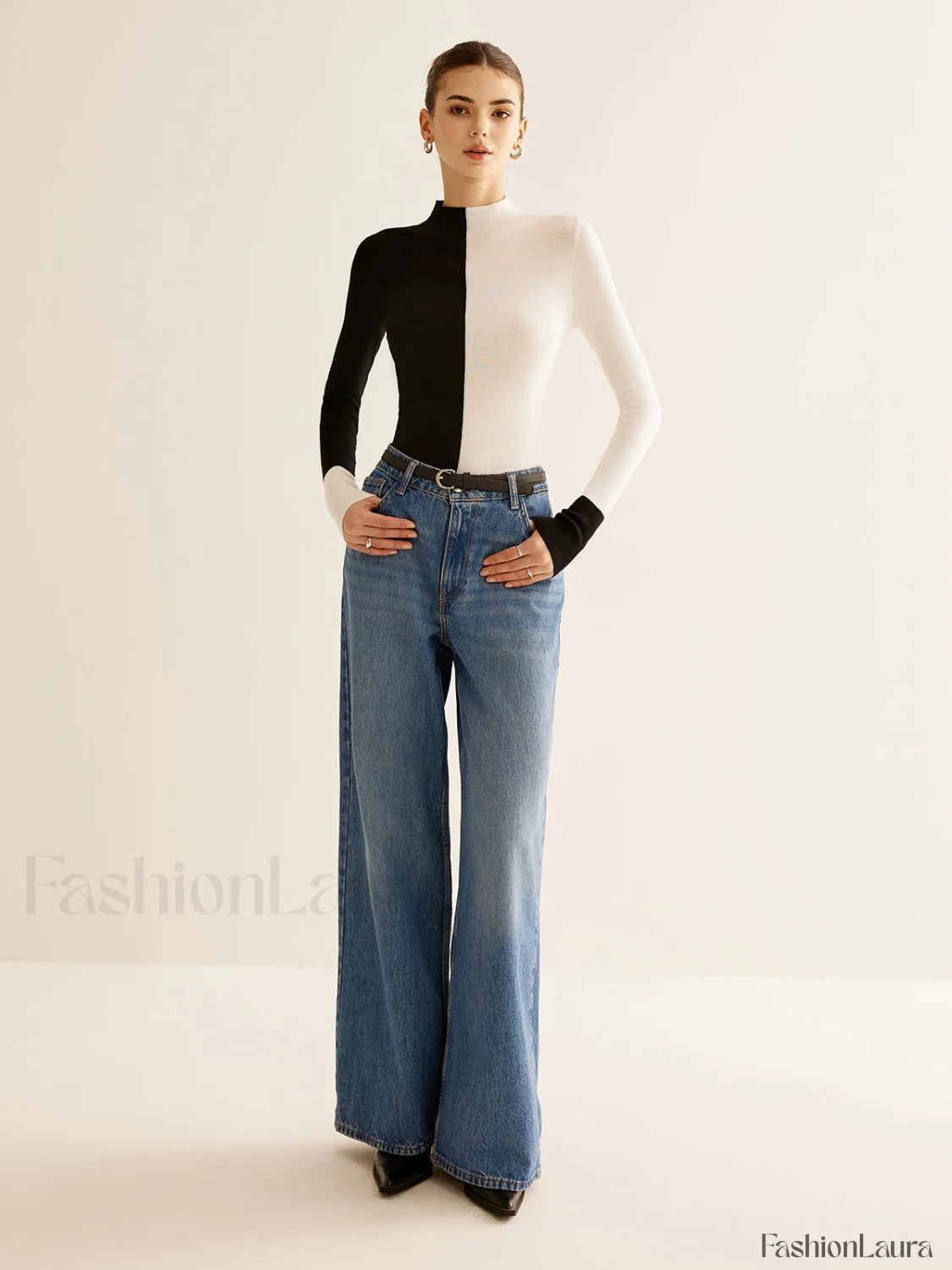 Wool Blend Two Tone Skinny Knit Top Knit Tops