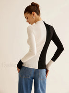 Wool Blend Two Tone Skinny Knit Top Knit Tops