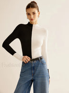 Wool Blend Two Tone Skinny Knit Top Knit Tops