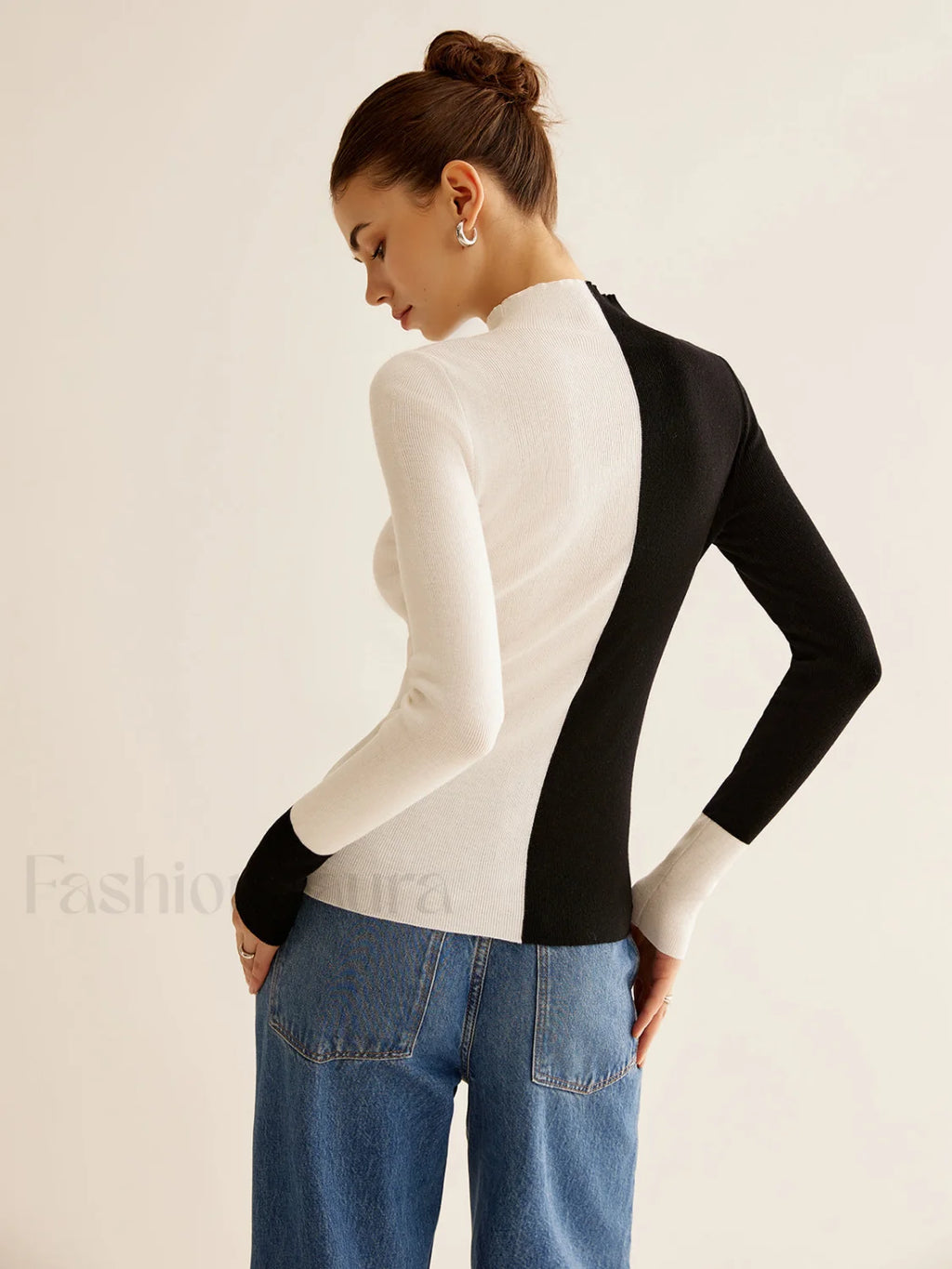 Wool Blend Two Tone Skinny Knit Top Knit Tops