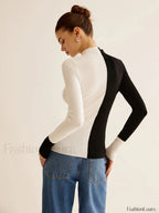 Wool Blend Two Tone Skinny Knit Top Knit Tops