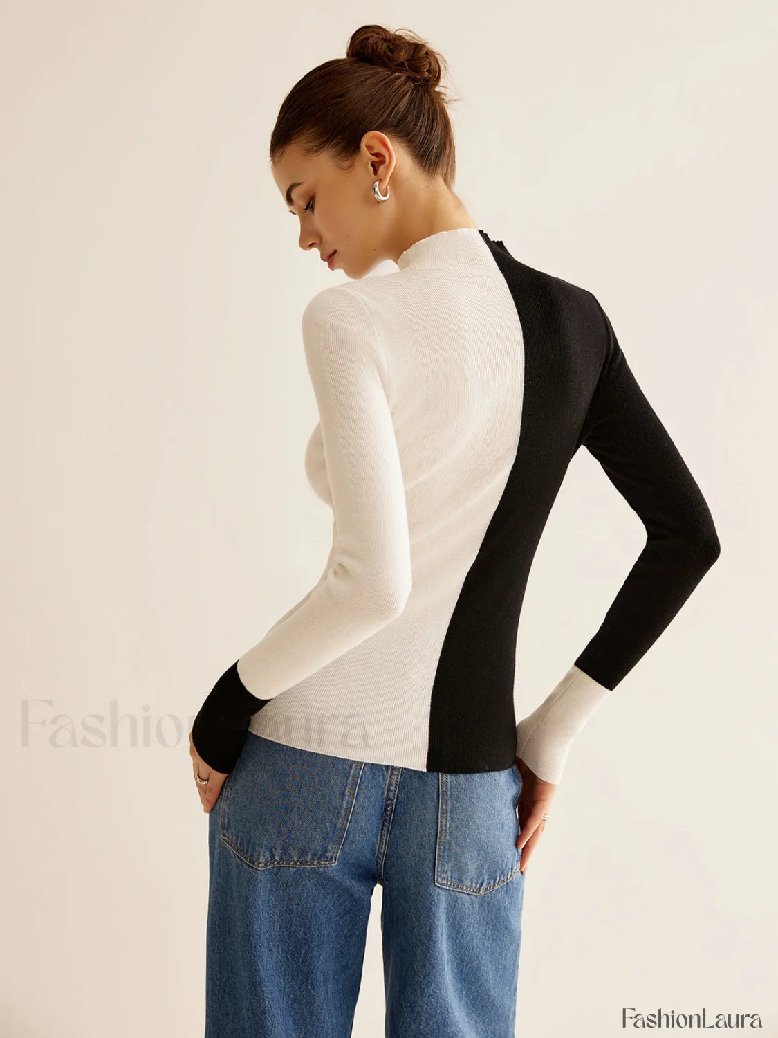 Wool Blend Two Tone Skinny Knit Top Knit Tops