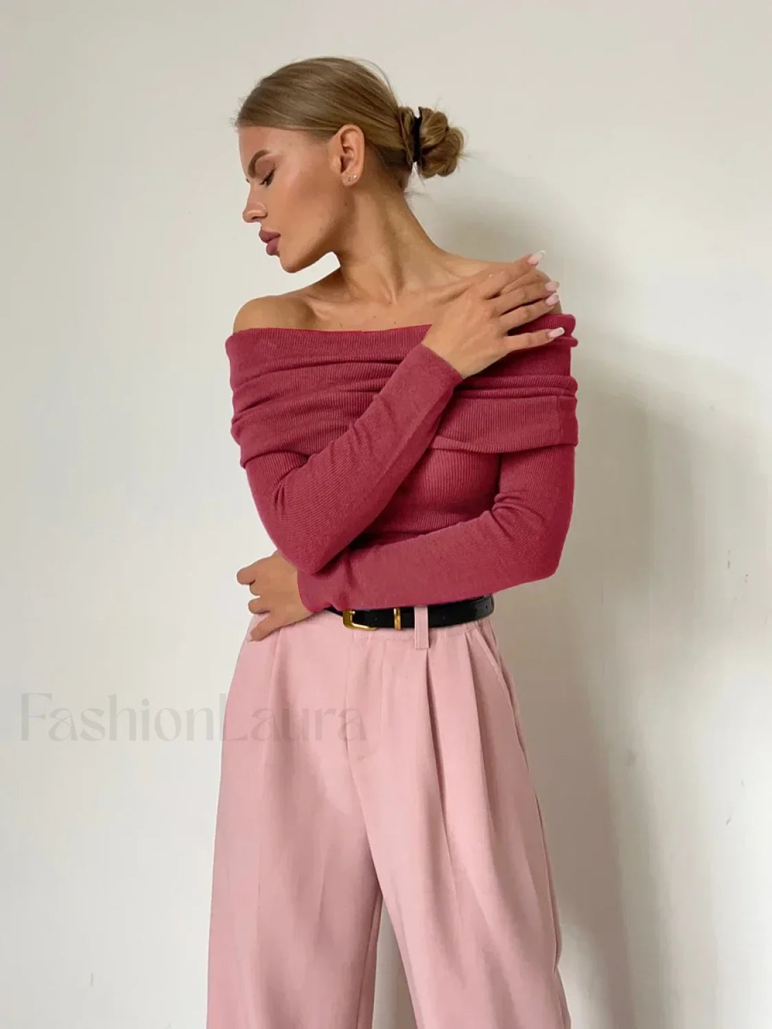 Wool Slim Off Shoulder T Shirt