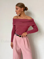 Wool Slim Off Shoulder T Shirt Brick red / S