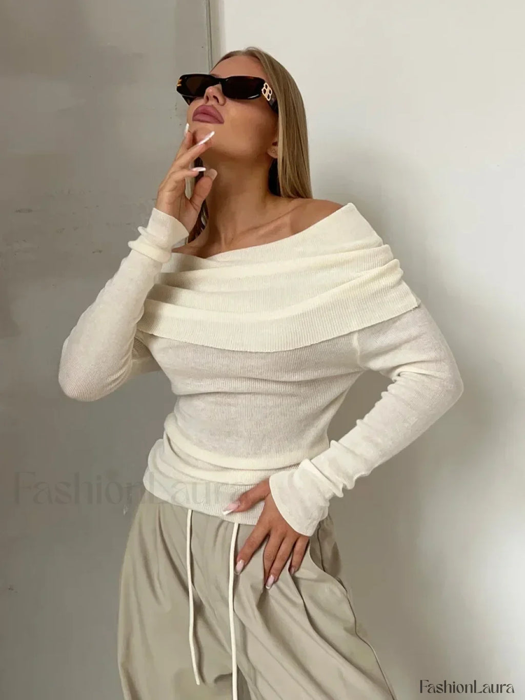 Wool Slim Off Shoulder T Shirt creamy white / S