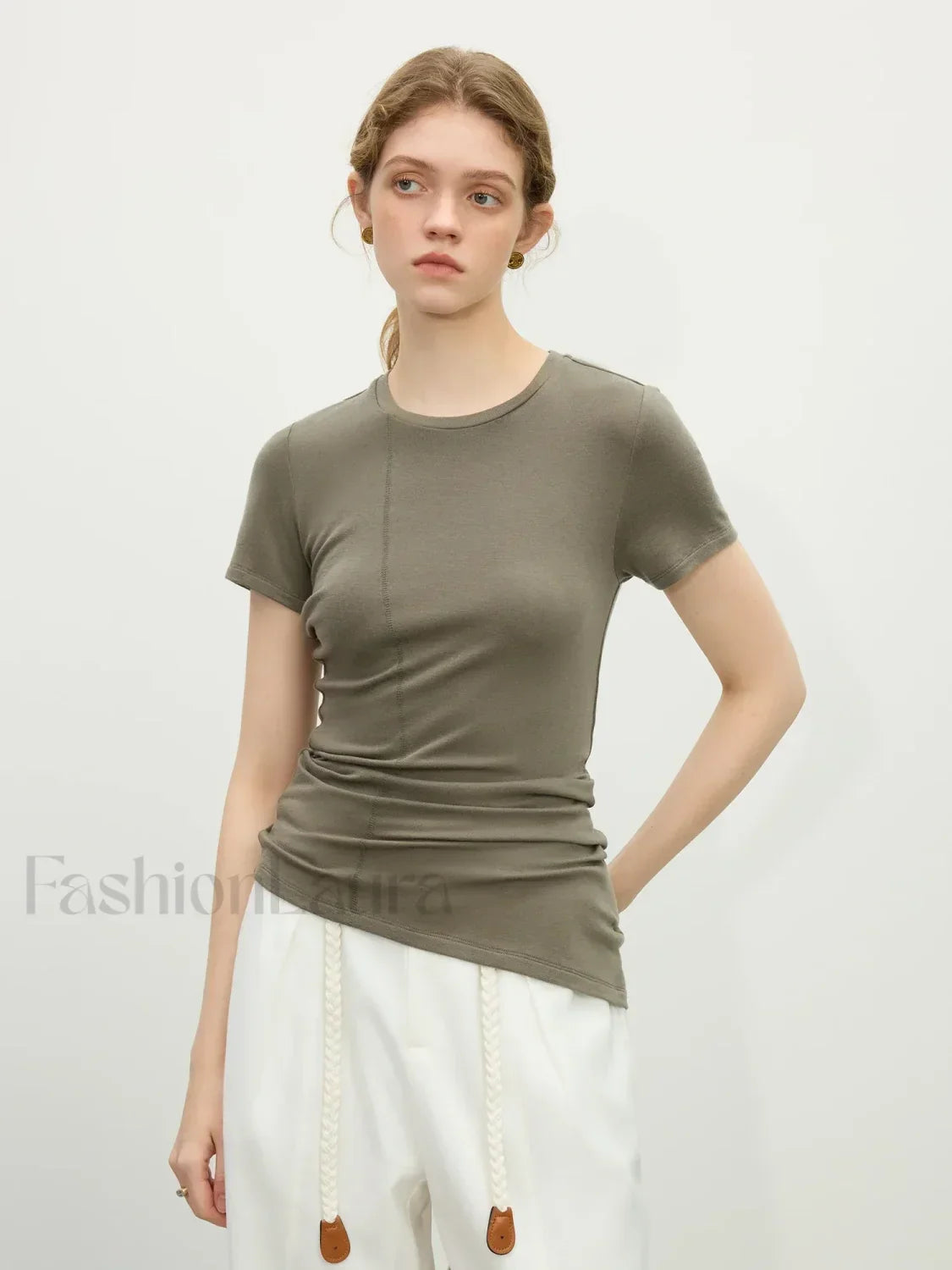 Wool Slim Stripe Irregular Hem T Shirt Bean green / S Main image