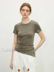 Wool Slim Stripe Irregular Hem T Shirt Bean green / S