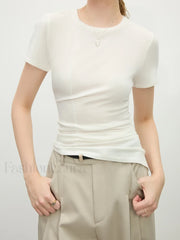 Wool Slim Stripe Irregular Hem T Shirt WHITE / S