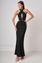 Wrap Front Cutout Charming Backless Maxi Dress S / Black