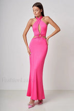Wrap Front Cutout Charming Backless Maxi Dress S / Fuchsia