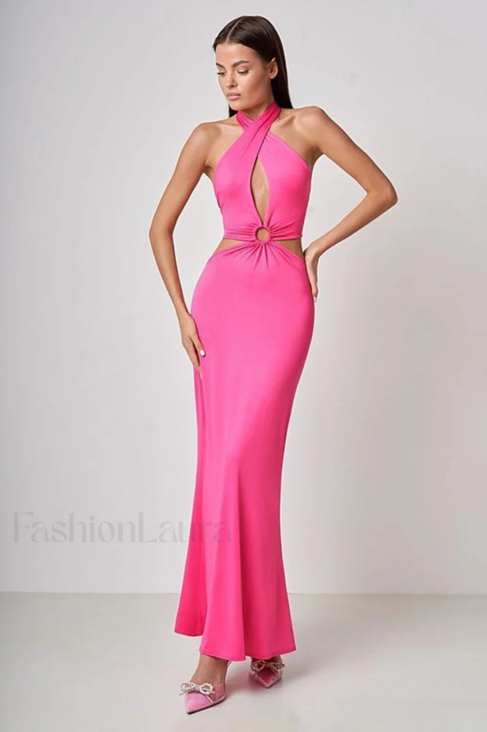 Wrap Front Cutout Charming Backless Maxi Dress S / Fuchsia