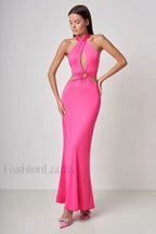 Wrap Front Cutout Charming Backless Maxi Dress S / Fuchsia