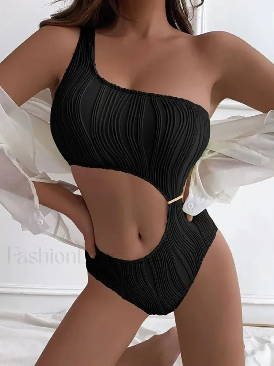 Wrinkled One Shoulder High Cut One Piece Secondary image