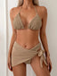 Wrinkled V Neck Glitter Bikini Three Piece Set Khaki / S
