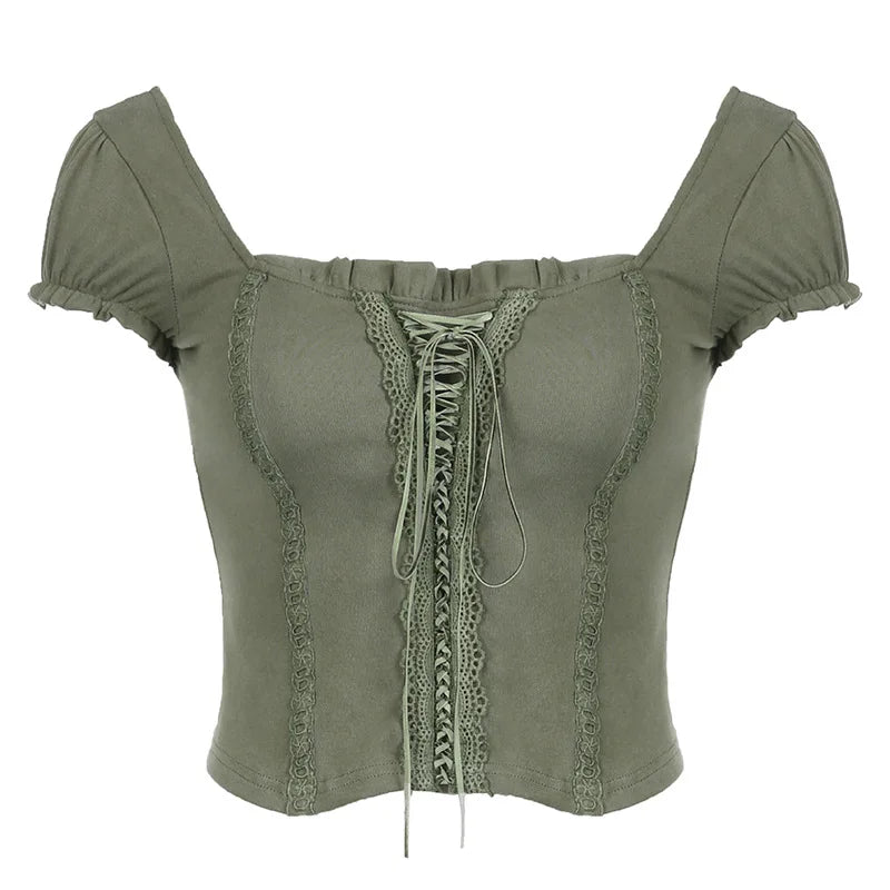 Square Collar Fairycore Balletcore Chic Short Sleeve Tee Green / S