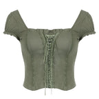 Square Collar Fairycore Balletcore Chic Short Sleeve Tee Green / S