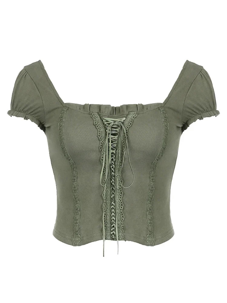Square Collar Fairycore Balletcore Chic Short Sleeve Tee