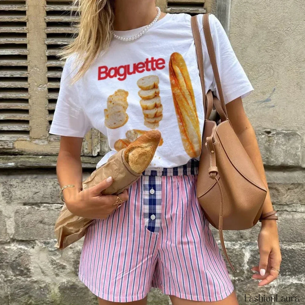 Y2k Aesthetic Baguette Bread Lover T Shirt WHITE / S