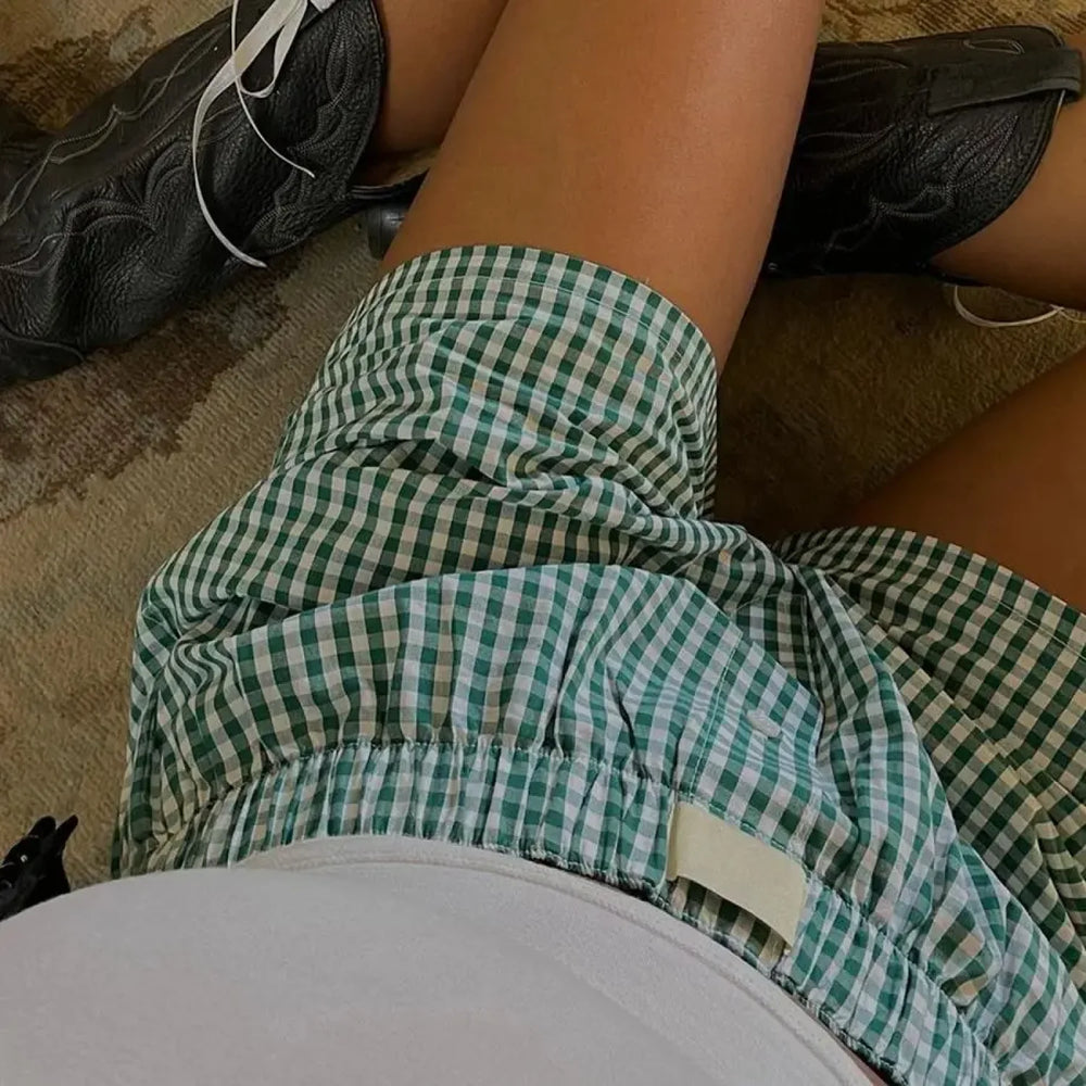Y2K Aesthetic Plaid Pajamas Short Green / S