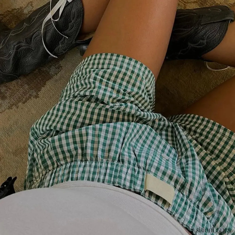 Y2K Aesthetic Plaid Pajamas Short Green / S
