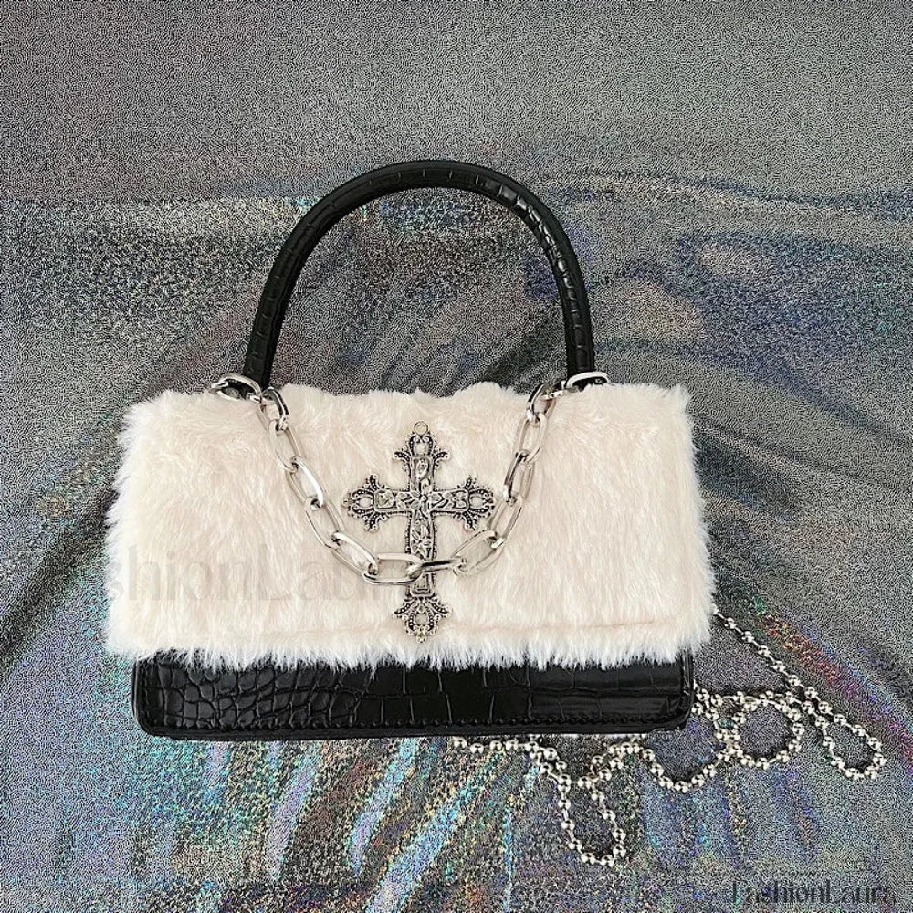 Y2K Applique Chain Cross Plush Crossbody Hot Hip Hop Girls Soft Gothic Bag Black White / 18X11cm