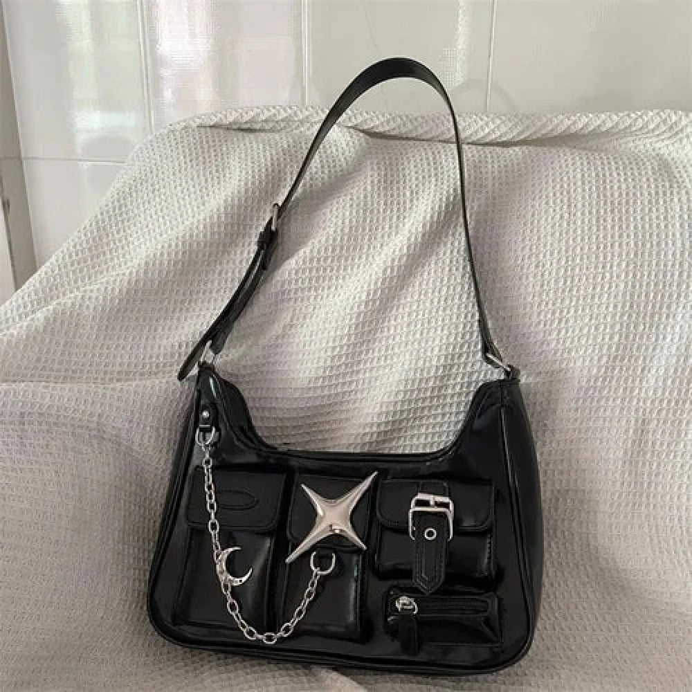 Y2K Black Harajuku Shoulder Chains Gothic Motorcycle Casual Fashion Bag Black / 25X13X7cm