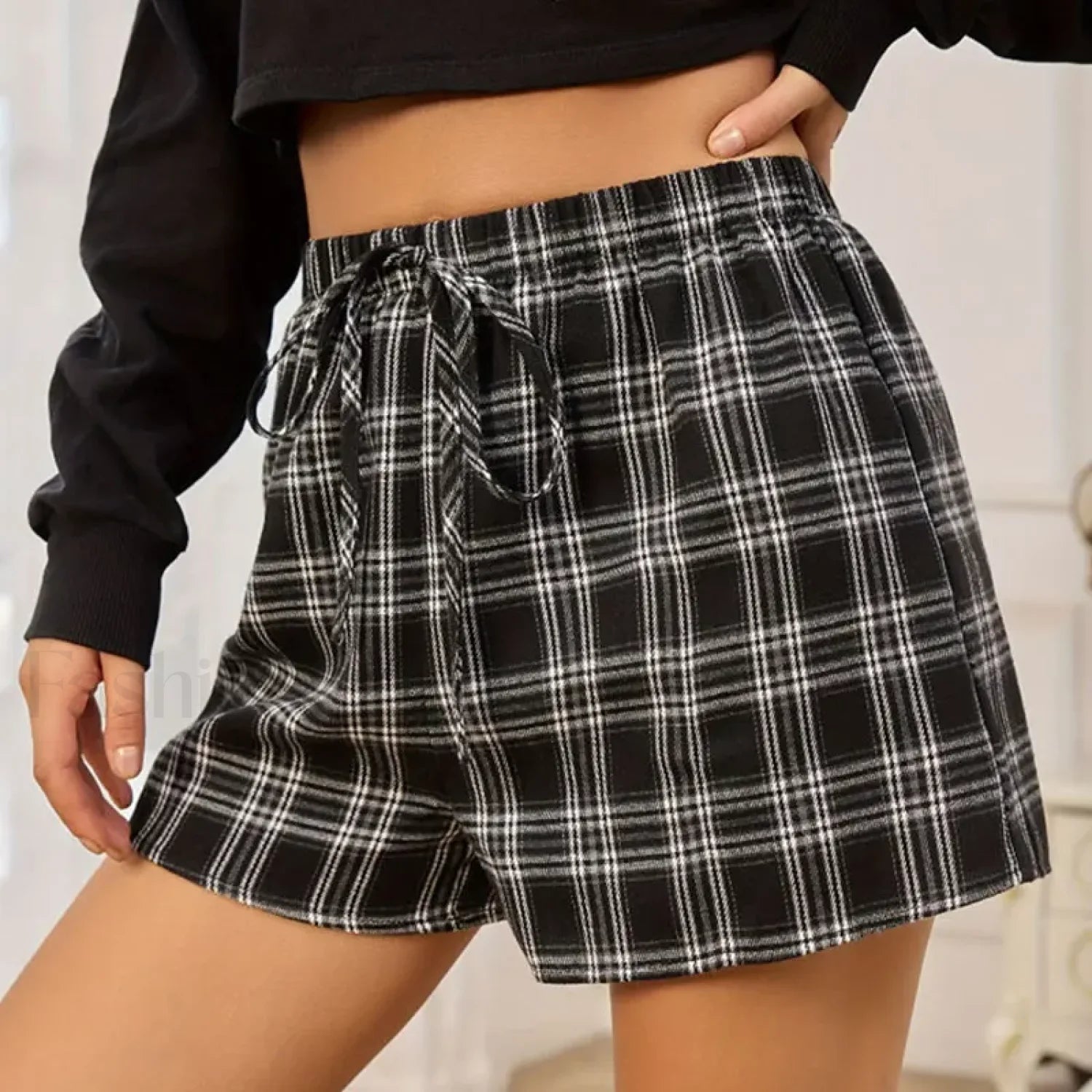 Y2K Cotton Cute Plaid Pajamas Elastic Waist Boxers Short black / S Main image