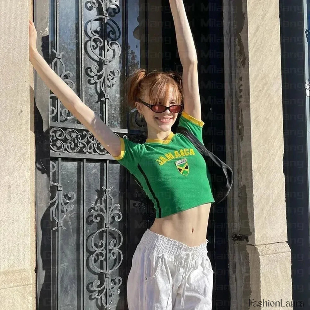 Y2k Embroidery Jamaican Crop T Shirt