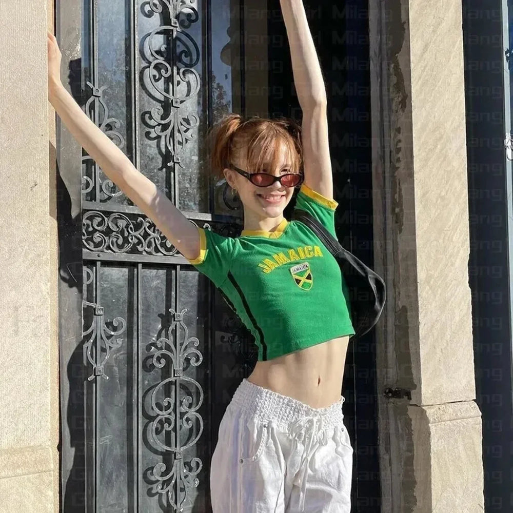 Y2k Embroidery Jamaican Crop T Shirt