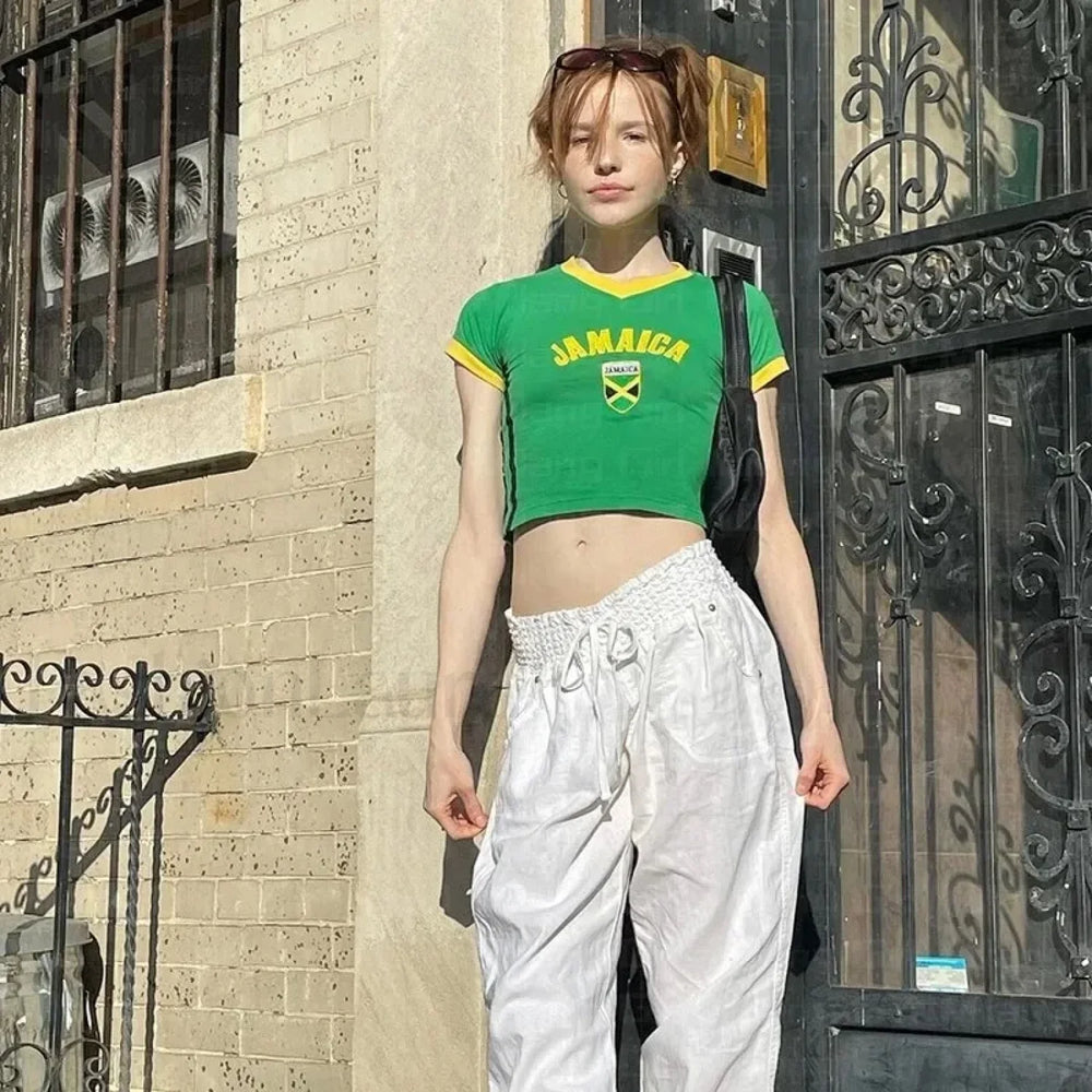 Y2k Embroidery Jamaican Crop T Shirt
