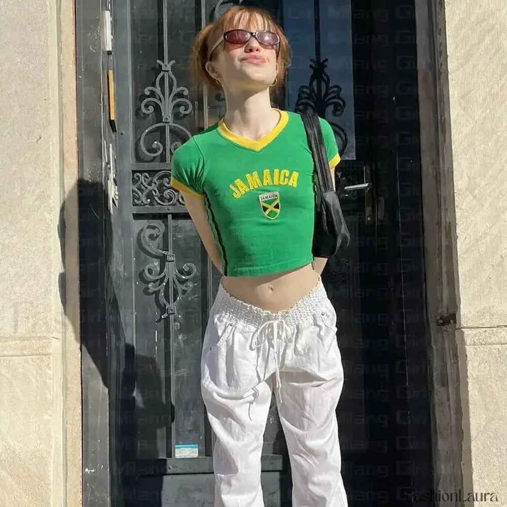 Y2k Embroidery Jamaican Crop T Shirt Green / S