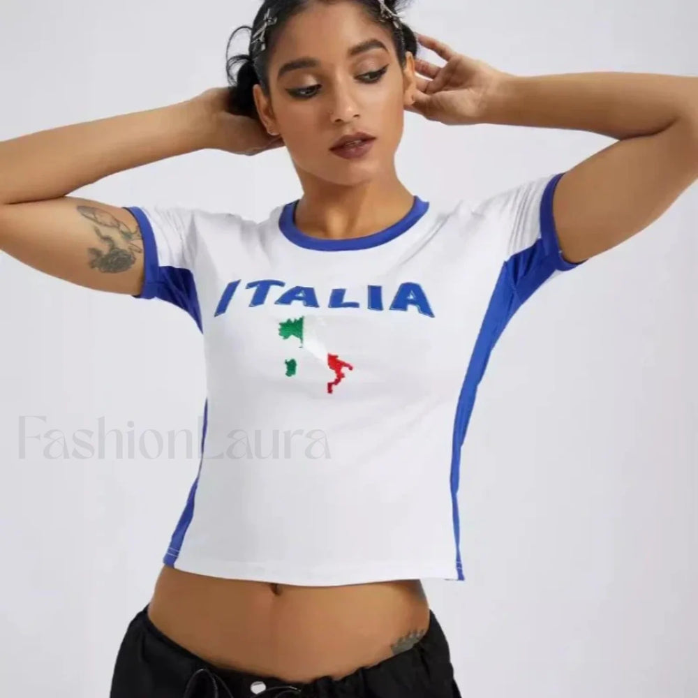 Y2K Flag Embroidery Sexy Vest T Shirt WHITE / S