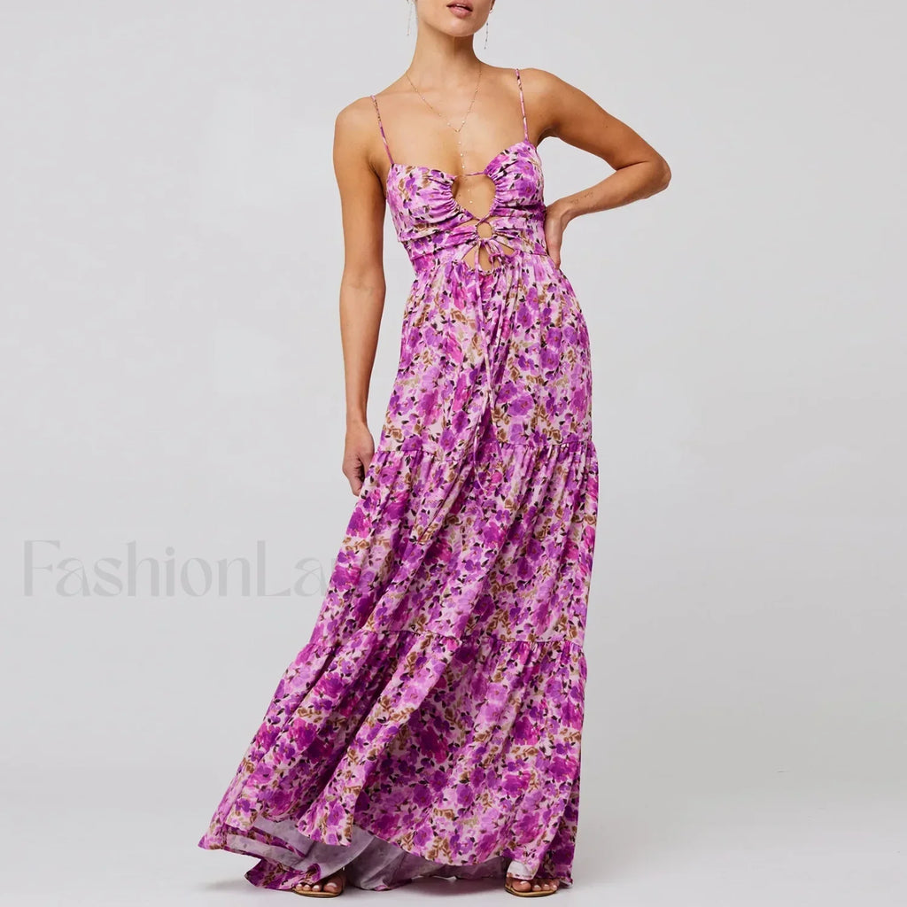 Y2K Floral Bodycon Spaghetti Maxi Dress Orange / S