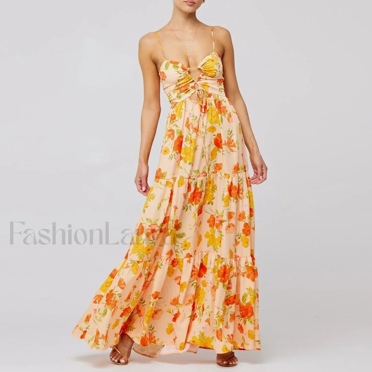 Y2K Floral Bodycon Spaghetti Maxi Dress Orange / S Main image