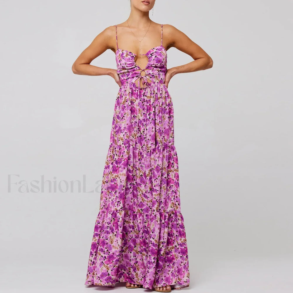 Y2K Floral Bodycon Spaghetti Maxi Dress PURPLE / S