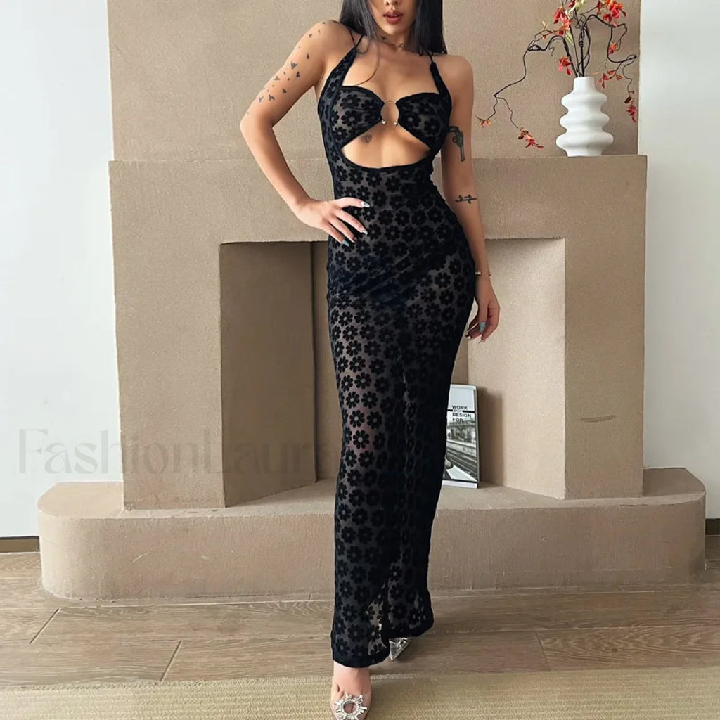 Y2K Floral Print Hollow Out Spaghetti Strap Floral Dress