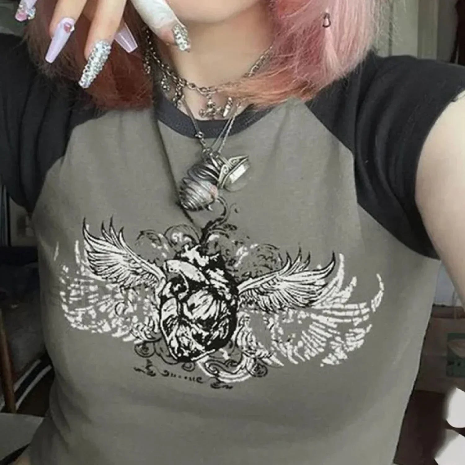 Y2K Gothic Emo Black & White T-Shirt Secondary image