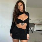 Y2K Hollow Crop Mini Skirt Two Piece Set Black / S
