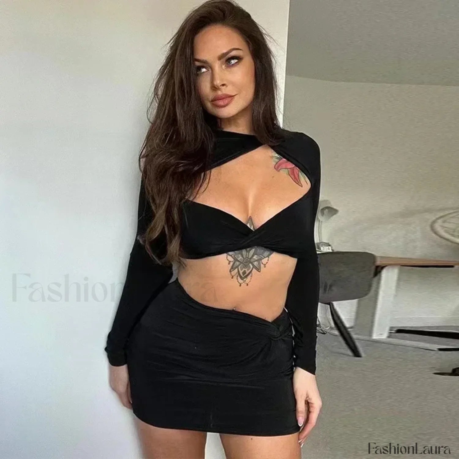Y2K Hollow Crop Mini Skirt Two Piece Set Black / S