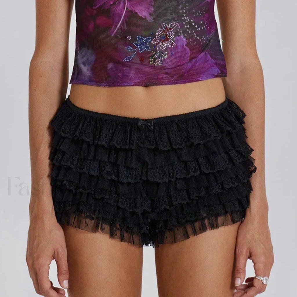 Y2K Kawaii Solid Color Fairy Tiered Ruffled Lace Elastic Low Waist Short