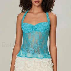 Y2K Lace Camisole Halter Neck Crop Top Two Piece Set Blue / S
