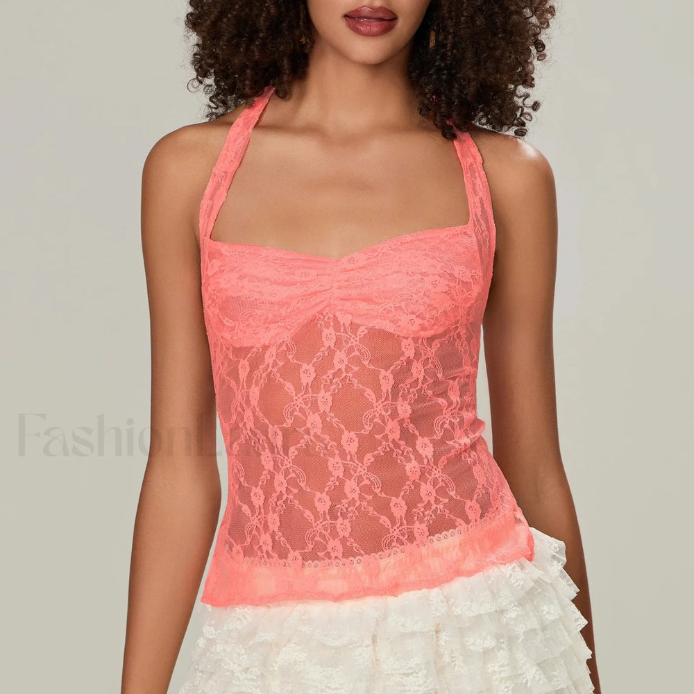 Y2K Lace Camisole Halter Neck Crop Top Two Piece Set Orange / S