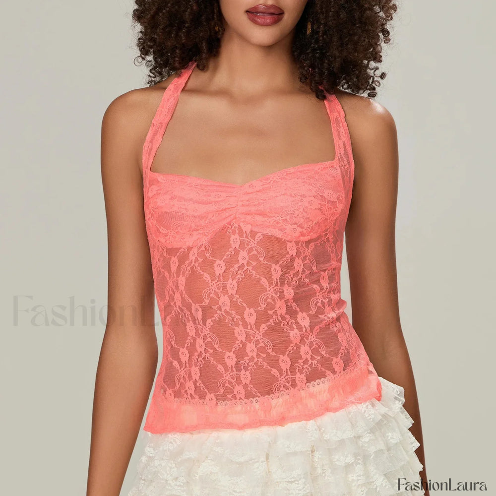 Y2K Lace Camisole Halter Neck Crop Top Two Piece Set Orange / S