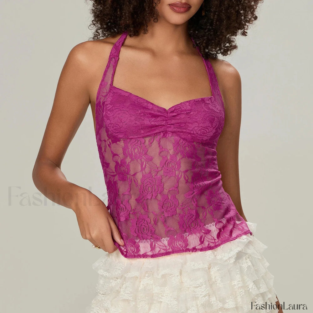 Y2K Lace Camisole Halter Neck Crop Top Two Piece Set Purple / S