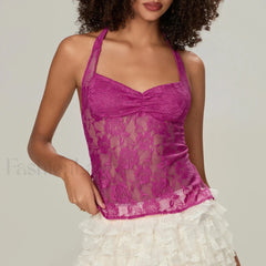 Y2K Lace Camisole Halter Neck Crop Top Two Piece Set Purple / S