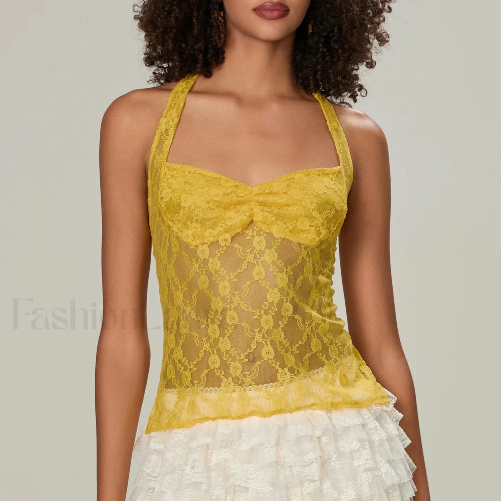 Y2K Lace Camisole Halter Neck Crop Top Two Piece Set Yellow / S