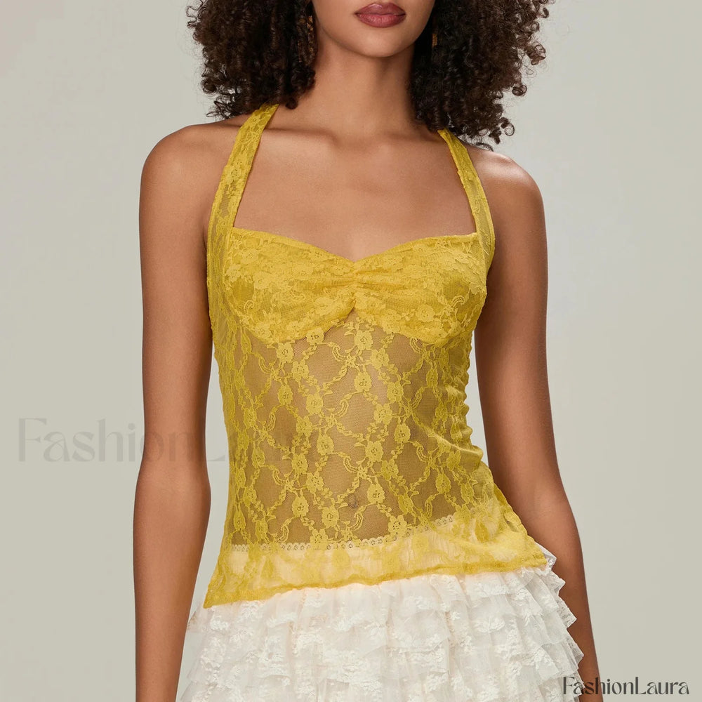 Y2K Lace Camisole Halter Neck Crop Top Two Piece Set Yellow / S